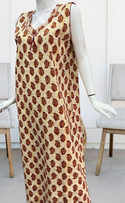 Off White/Maroon Manga Motif Sleeveless Pure Cotton Nighty. Pure Durable Cotton | Laces and Frills - Laces and Frills