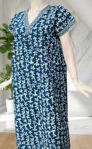 Blue Leafy Pure Cotton Nighty. Pure Durable Cotton | Laces and Frills
