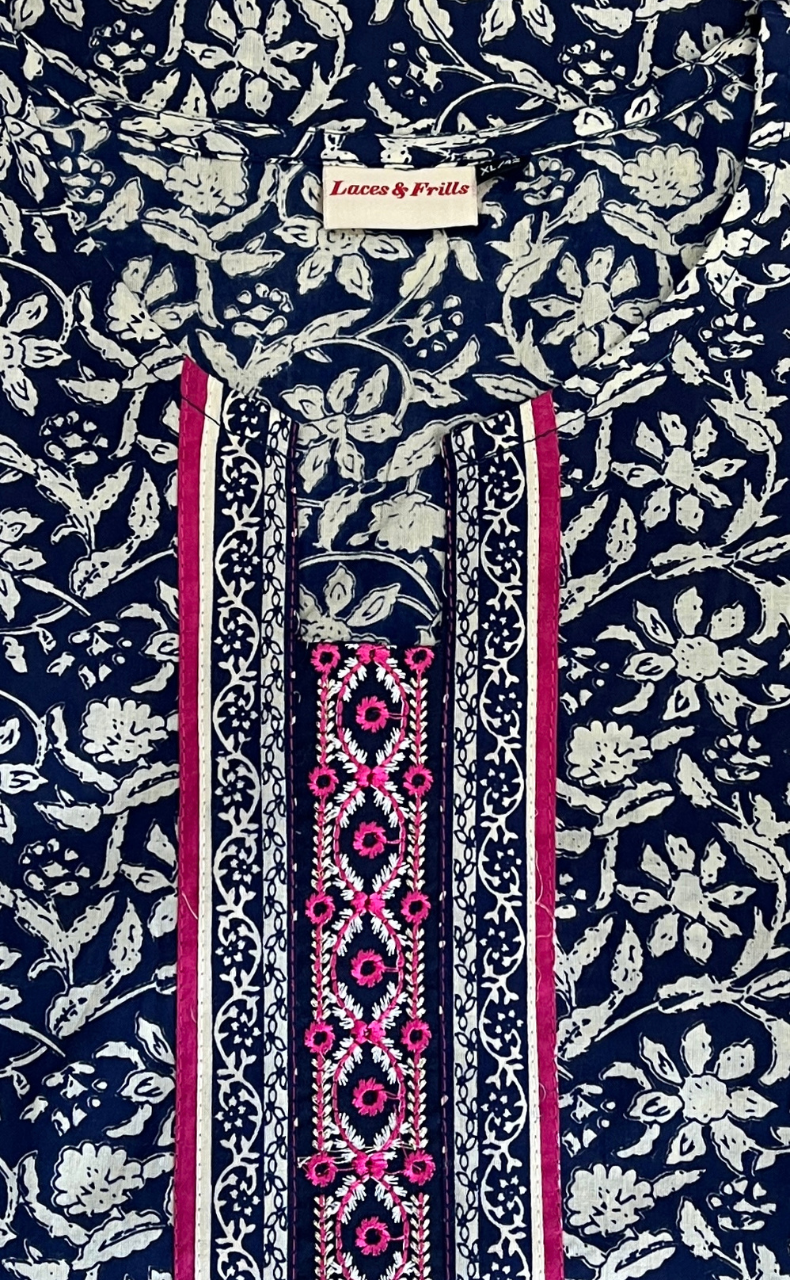 Navy Blue Leafy Jaipur Cotton Kurti With Pant And Dupatta Set. Pure Versatile Cotton. | Laces and Frills