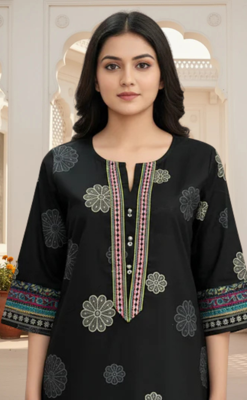 Black Floral Jaipur Cotton Kurti With Pant And Dupatta Set. Pure Versatile Cotton. | Laces and Frills
