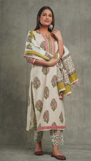 Pink Floral Jaipur Cotton Kurti With Pant And Dupatta Set. Pure Versatile Cotton. | Laces and Frills