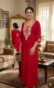 Red Embroidery Soft Cotton Long Sleeves Nighty. Soft Breathable Fabric | Laces and Frills - Laces and Frills