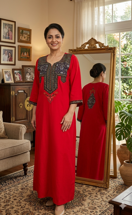 Red Bhopali Embroidery Soft Cotton Long Sleeves Nighty. Soft Breathable Fabric | Laces and Frills - Laces and Frills