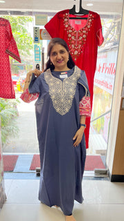 Grey Lucknowi Embroidery Soft Cotton Nighty. Soft Breathable Fabric | Laces and Frills - Laces and Frills