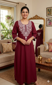 Maroon Embroidery Soft Cotton Long Sleeves Nighty. Soft Breathable Fabric | Laces and Frills - Laces and Frills