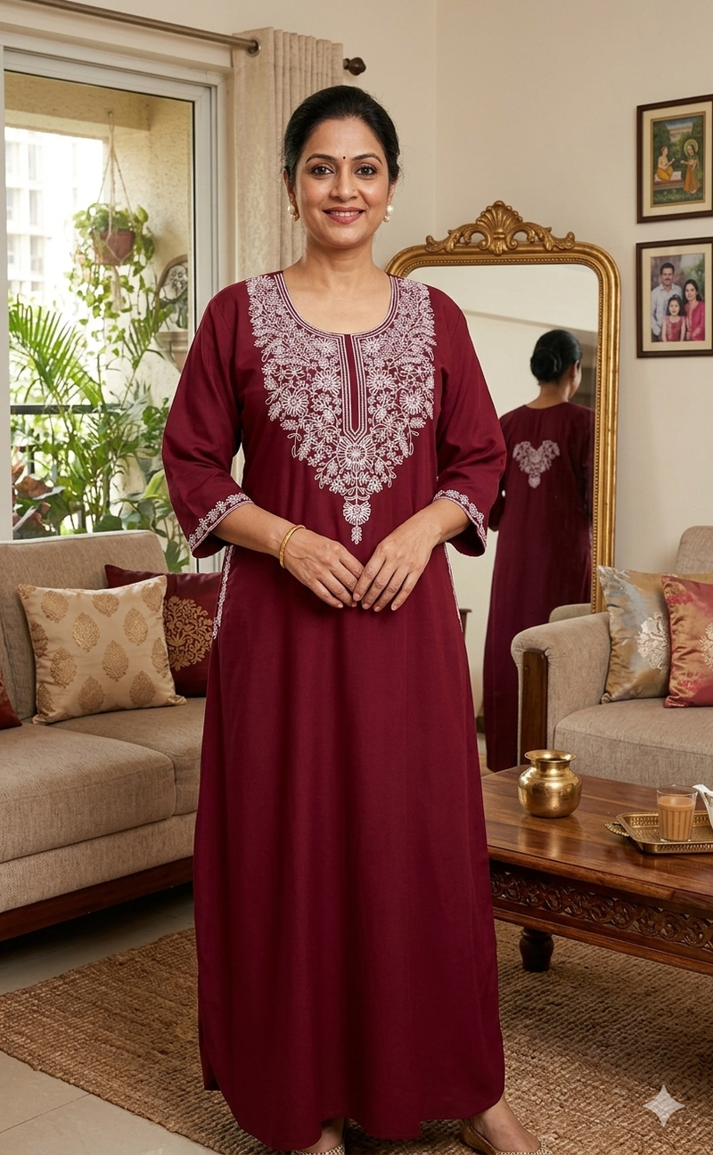 Maroon Embroidery Soft Cotton Long Sleeves Nighty. Soft Breathable Fabric | Laces and Frills - Laces and Frills