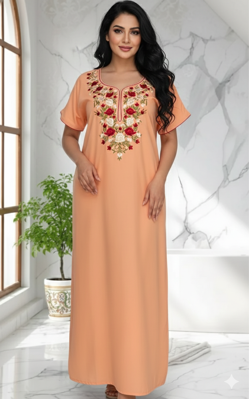 Peach Parsi Embroidery Soft Cotton Nighty. Soft Breathable Fabric | Laces and Frills - Laces and Frills