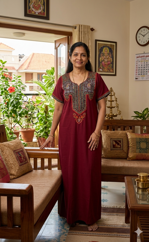 Maroon Bhopali Embroidery Soft Cotton Nighty. Soft Breathable Fabric | Laces and Frills - Laces and Frills