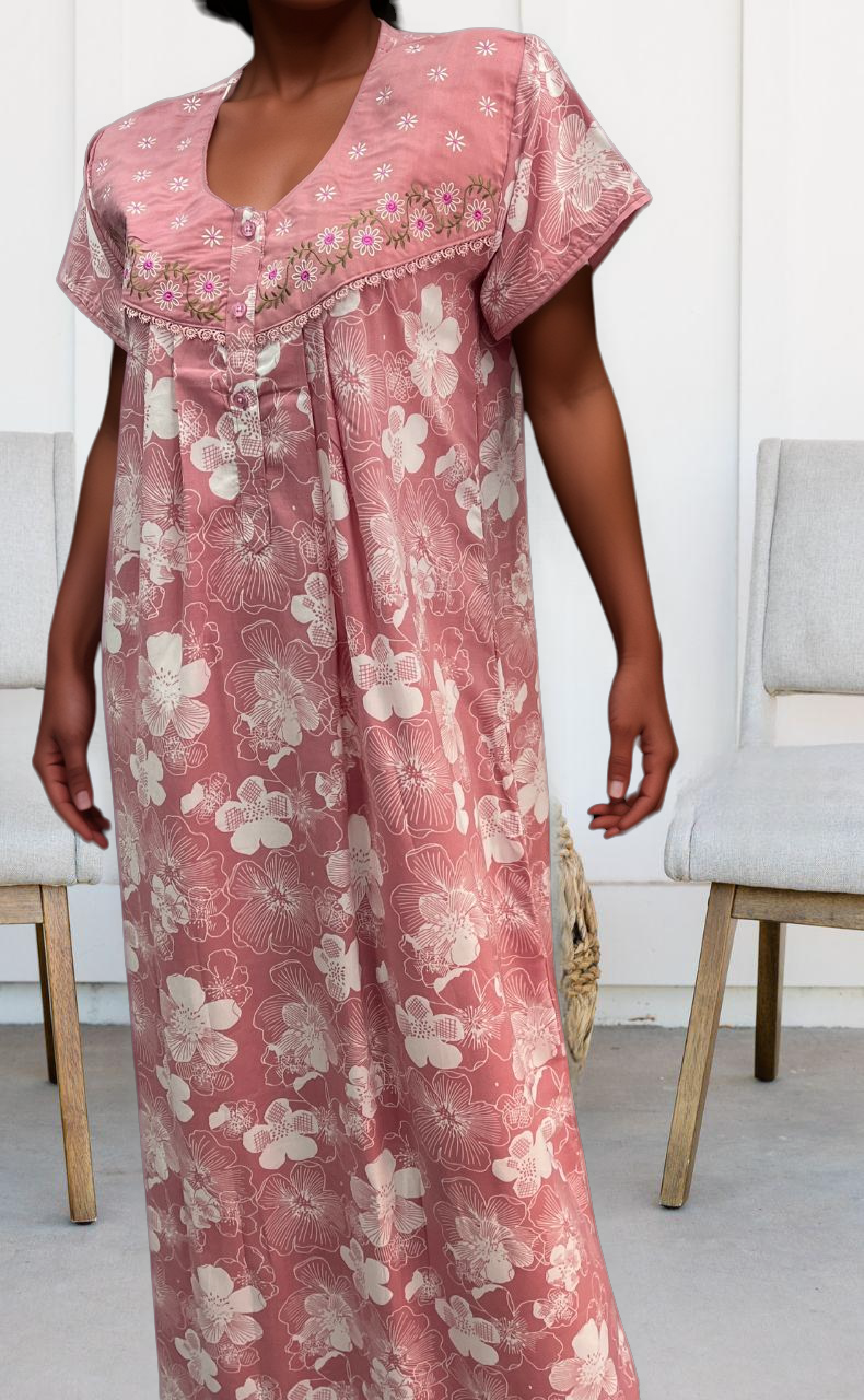 English Pink Garden Soft Crushed Nighty. Soft Breathable Fabric | Laces and Frills - Laces and Frills