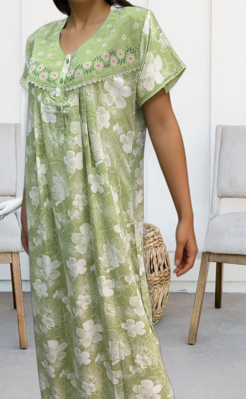 Pista Green Garden soft Crushed Nighty.Soft Breathable Fabric | Laces and Frills - Laces and Frills