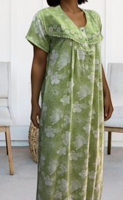 Pista Green Garden soft Crushed Nighty.Soft Breathable Fabric | Laces and Frills - Laces and Frills