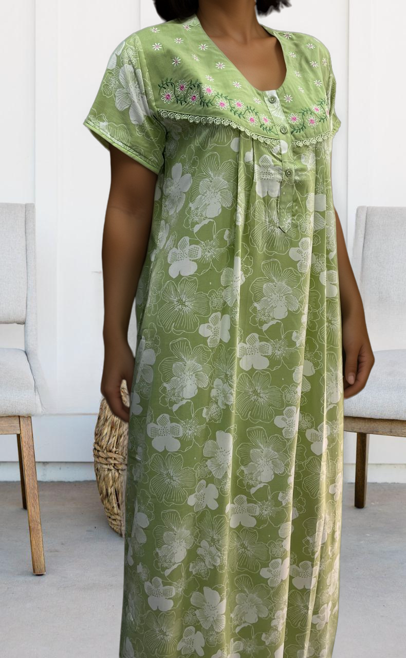 Pista Green Garden soft Crushed Nighty.Soft Breathable Fabric | Laces and Frills - Laces and Frills