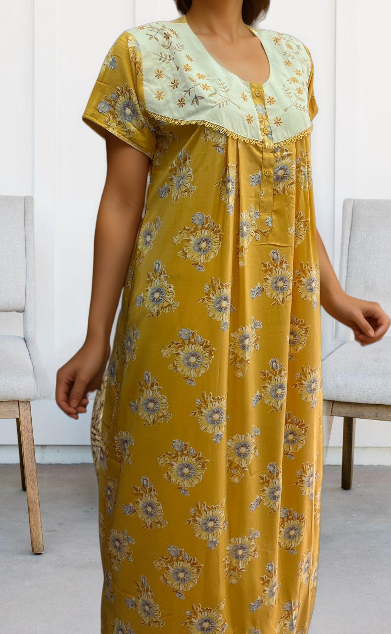 Yellow Garden Soft Crushed Nighty.Soft Breathable Fabric | Laces and Frills - Laces and Frills