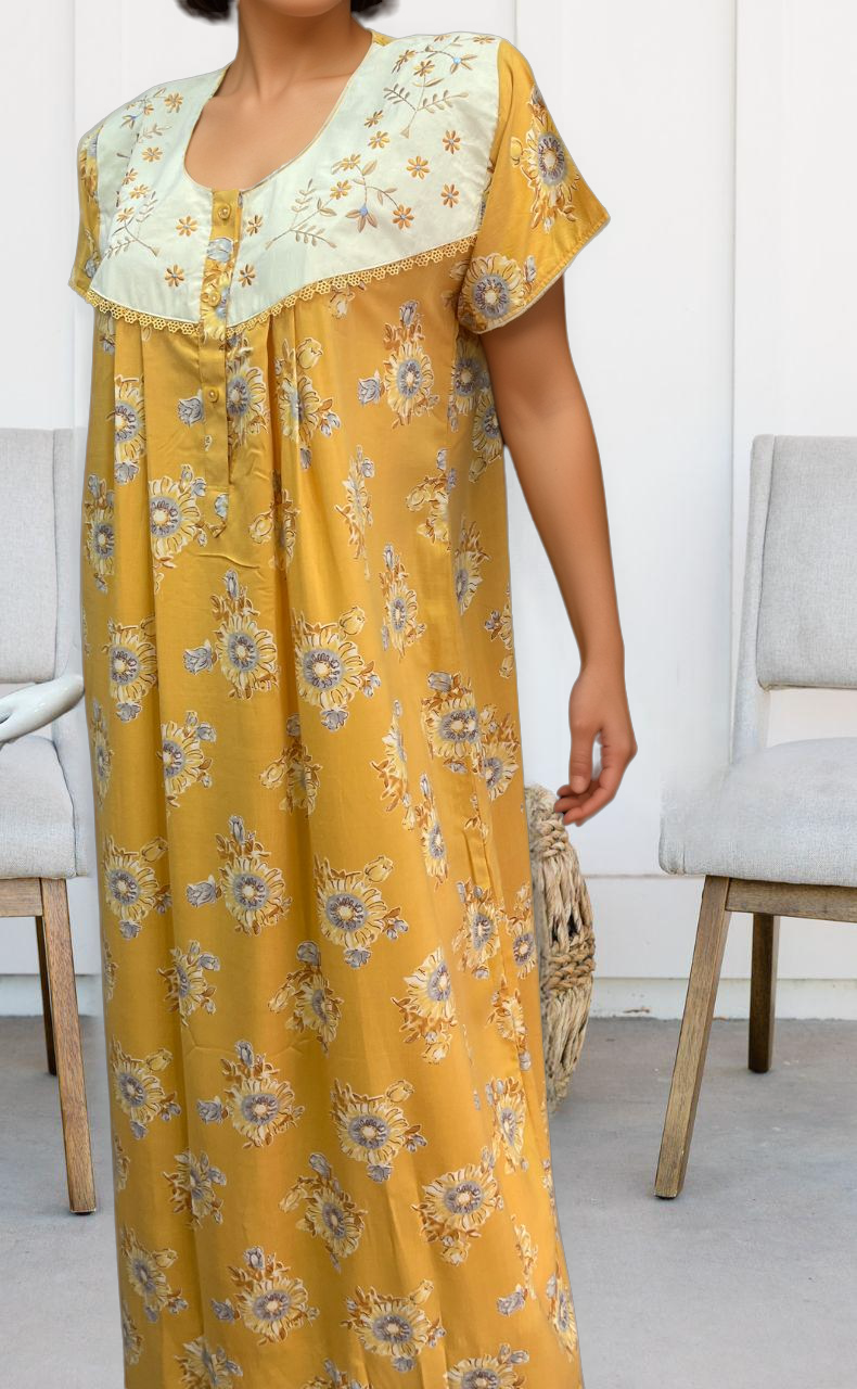 Yellow Garden Soft Crushed Nighty.Soft Breathable Fabric | Laces and Frills - Laces and Frills