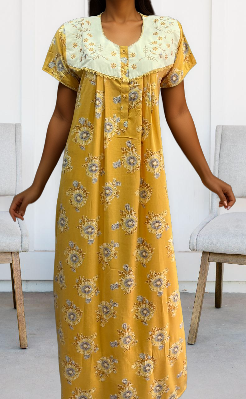 Yellow Garden Soft Crushed Nighty.Soft Breathable Fabric | Laces and Frills - Laces and Frills