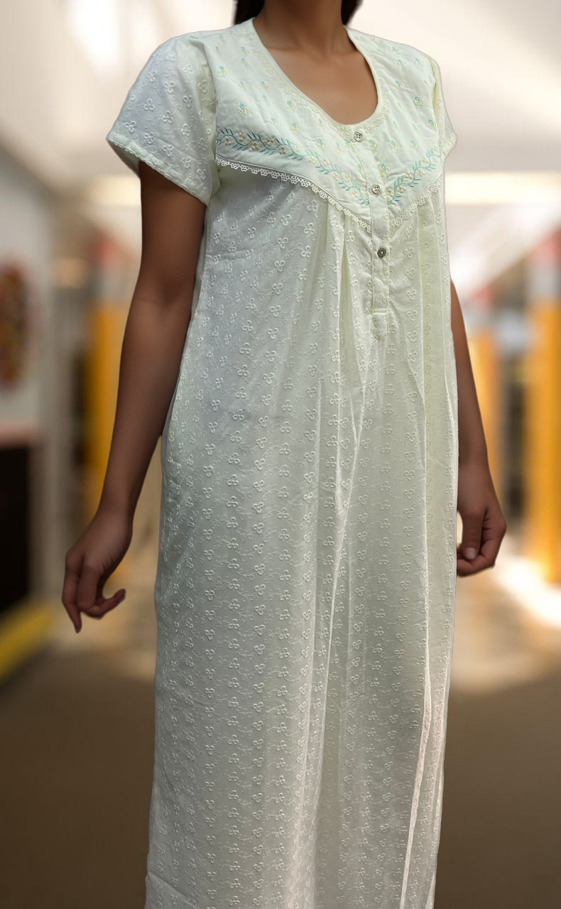 Off White Pure Cotton Embroidery Chikankari Nighty. Pure Durable Cotton | Laces and Frills - Laces and Frills