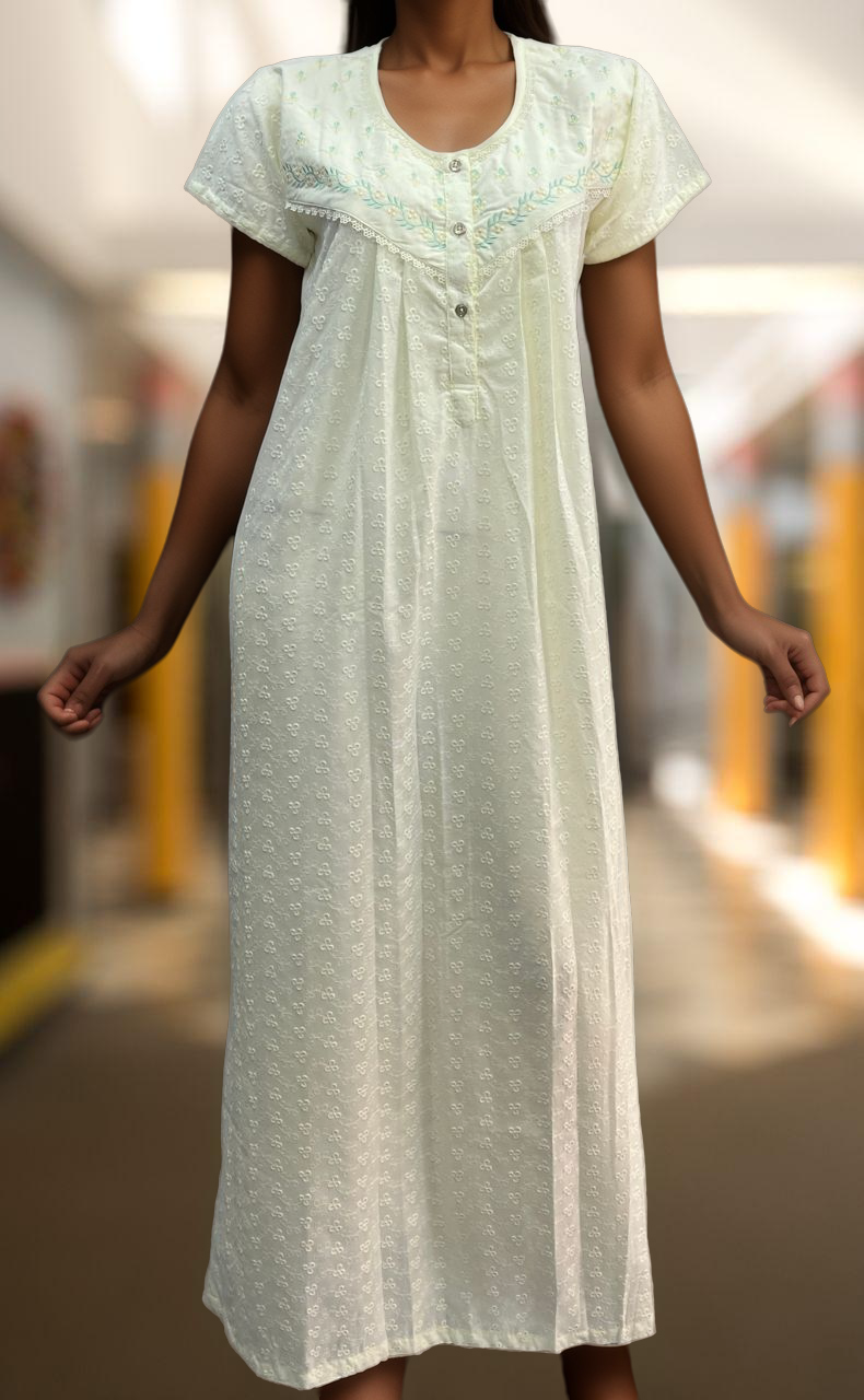 Off White Pure Cotton Embroidery Chikankari Nighty. Pure Durable Cotton | Laces and Frills - Laces and Frills