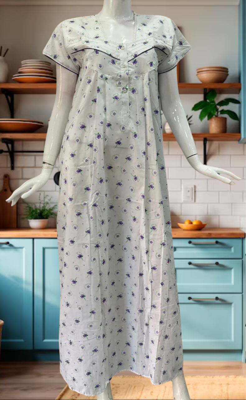 Lemon Yellow Floral Boutique Cotton Nighty . Pure Durable Cotton | Laces and Frills - Laces and Frills