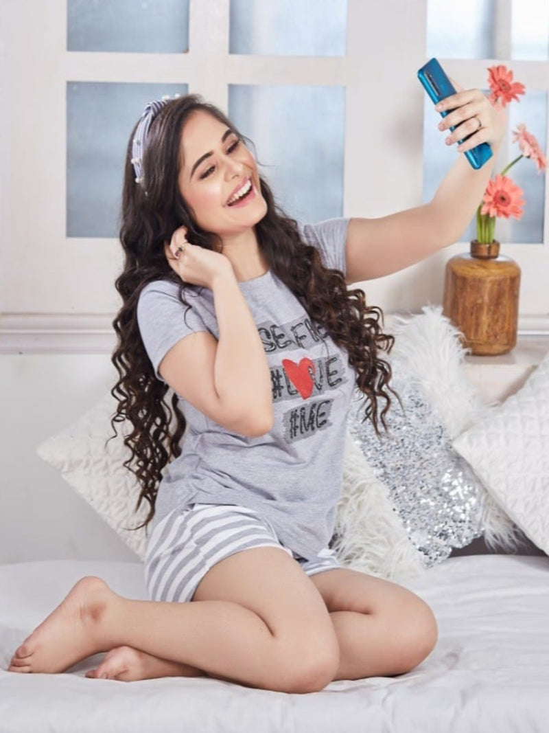 Grey Selfie Women's Cotton Printed Shorts Set | Pure Cotton Hosiery | Laces and Frills - Laces and Frills