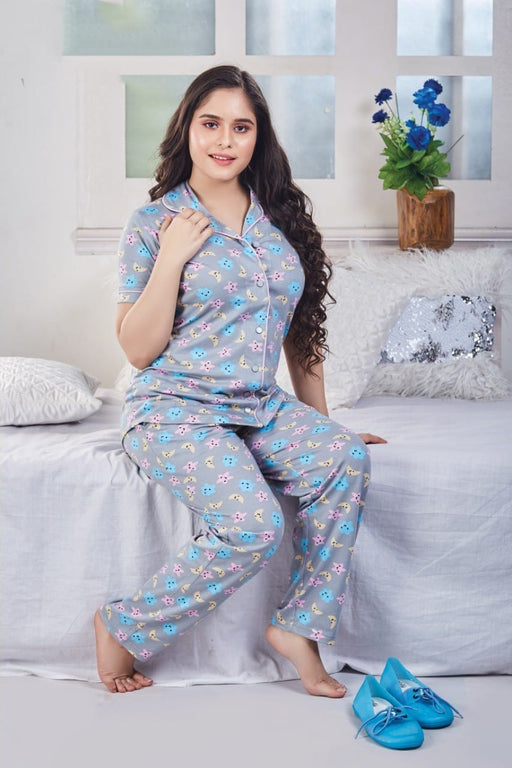 Ash Grey Stars Women's Cotton Printed Night Suit Set | Pure Cotton Hosiery | Laces and Frills - Laces and Frills