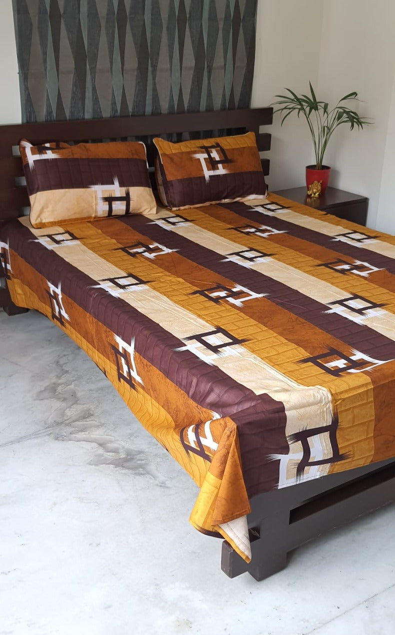 Mustard Checks Double Bedsheet with Pillow Covers/90" x 108" - Laces and Frills