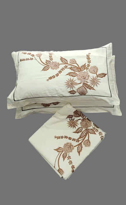 Off White Embroidery Floral Double Bedsheet with Pillow Covers/108" x 108" - Laces and Frills