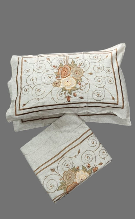 Off White Embroidery Floral Double Bedsheet with Pillow Covers/108" x 108" - Laces and Frills