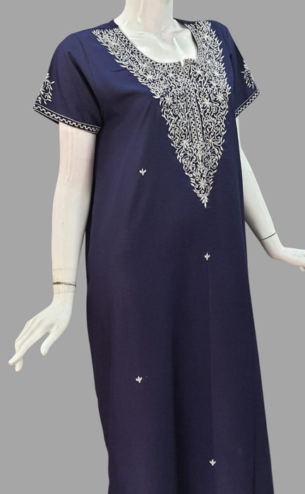 Navy Blue Lucknowi Embroidery Soft XXL Nighty. Soft Breathable Fabric | Laces and Frills - Laces and Frills
