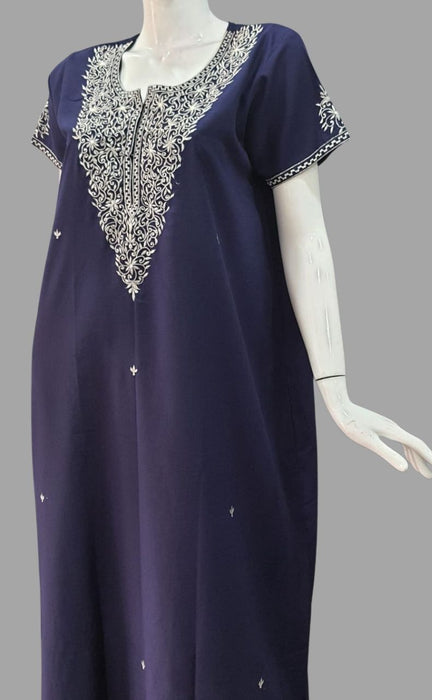 Navy Blue Lucknowi Embroidery Soft XXL Nighty. Soft Breathable Fabric | Laces and Frills - Laces and Frills