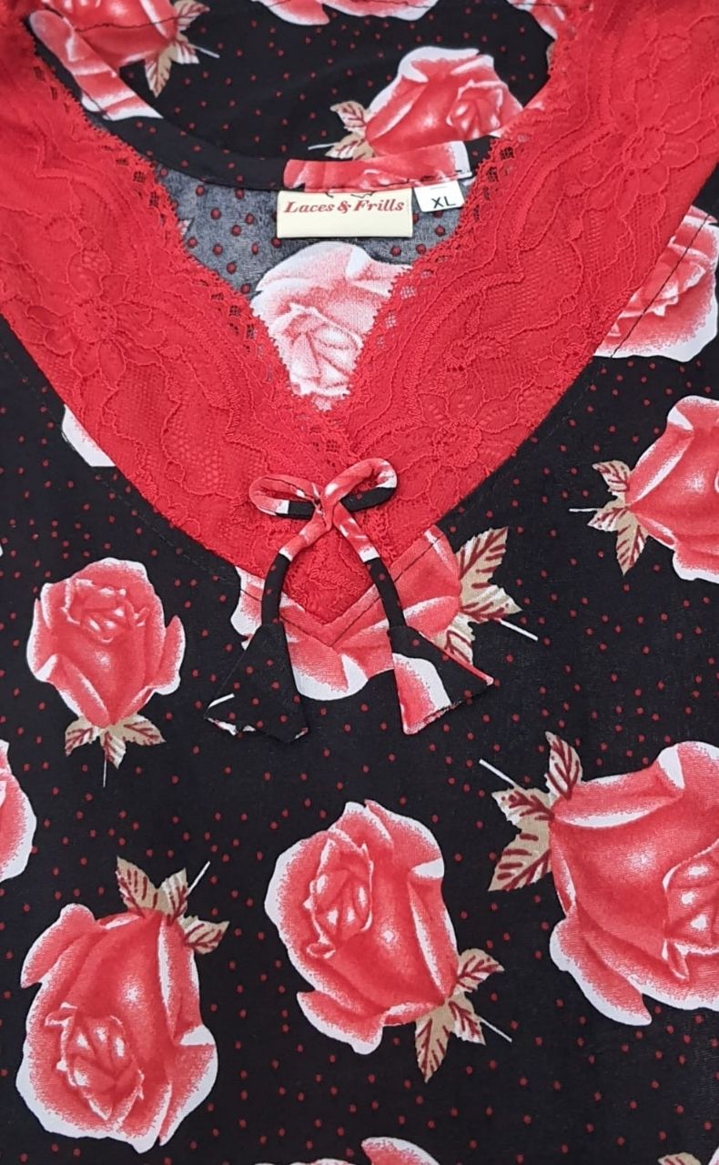 Red Roses Lycra Soft Extra Large Nighty . Stretchable Lycra Fabric | Laces and Frills - Laces and Frills