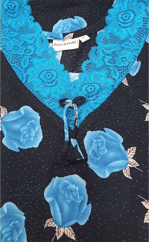 Black/Sky Blue Roses Lycra Soft Extra Large Nighty . Stretchable Lycra Fabric | Laces and Frills - Laces and Frills