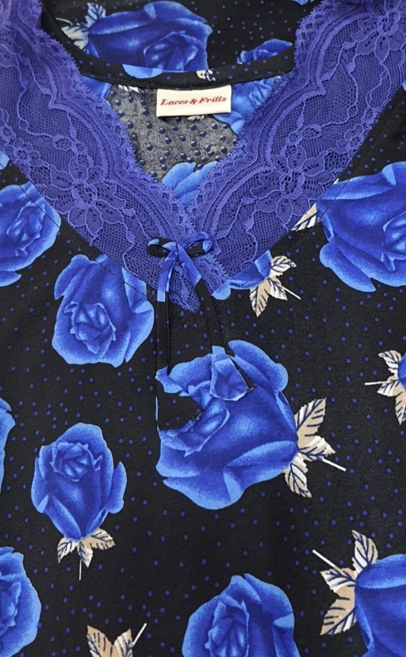 Black/Blue Roses Lycra Soft Extra Large Nighty . Stretchable Lycra Fabric | Laces and Frills - Laces and Frills