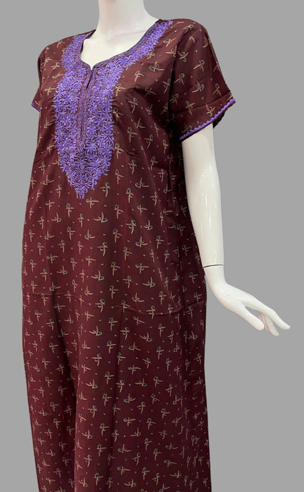 Maroon/Lavender Embroidery Soft Free Size Nighty . Soft Breathable Fabric | Laces and Frills - Laces and Frills