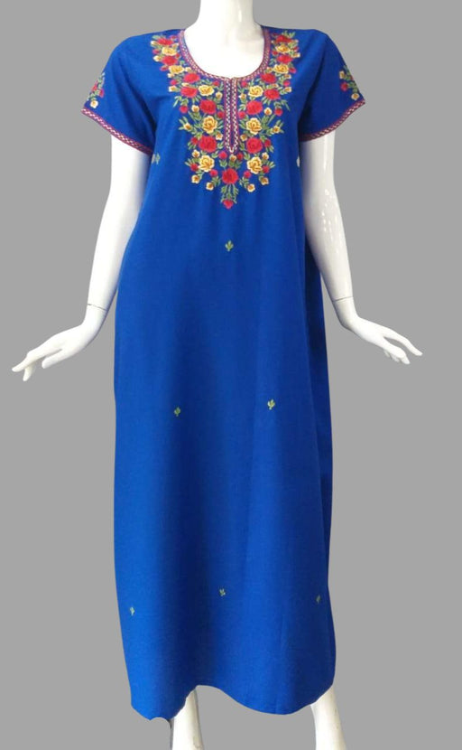 Royal Blue Parsi Embroidery Soft Cotton Free Size Nighty  . Soft Breathable Fabric | Laces and Frills - Laces and Frills