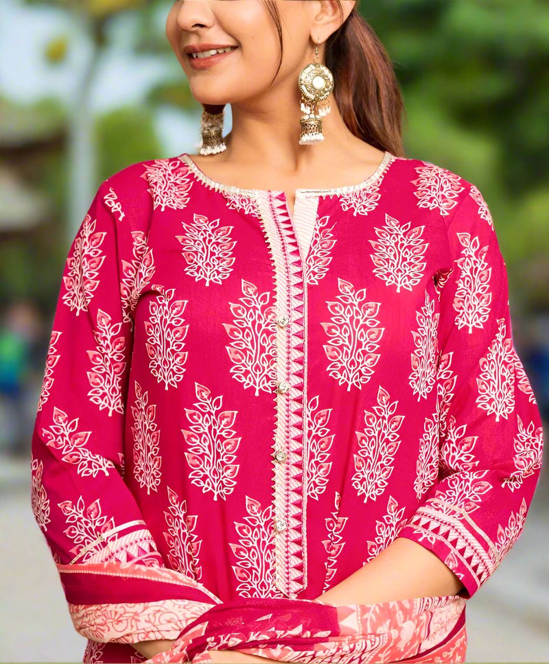 Pink Mughal Motif Kurti With Pant And Dupatta Set .Pure Versatile Cotton. | Laces and Frills - Laces and Frills