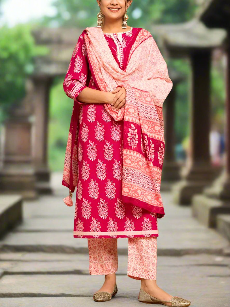 Pink Mughal Motif Kurti With Pant And Dupatta Set .Pure Versatile Cotton. | Laces and Frills - Laces and Frills