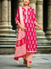 Pink Mughal Motif Kurti With Pant And Dupatta Set .Pure Versatile Cotton. | Laces and Frills - Laces and Frills