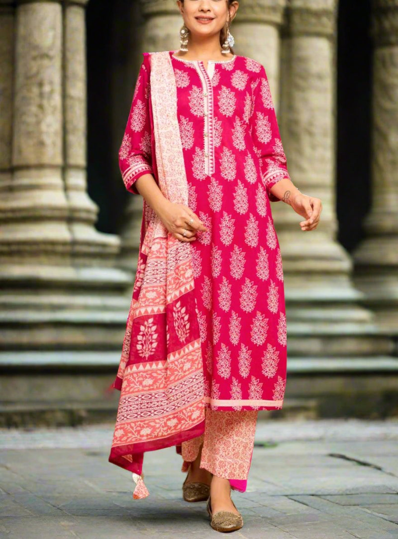Pink Mughal Motif Kurti With Pant And Dupatta Set .Pure Versatile Cotton. | Laces and Frills - Laces and Frills