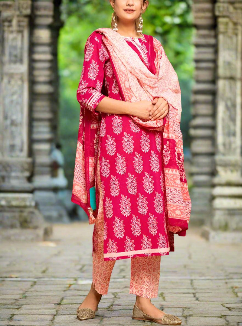 Pink Mughal Motif Kurti With Pant And Dupatta Set .Pure Versatile Cotton. | Laces and Frills - Laces and Frills