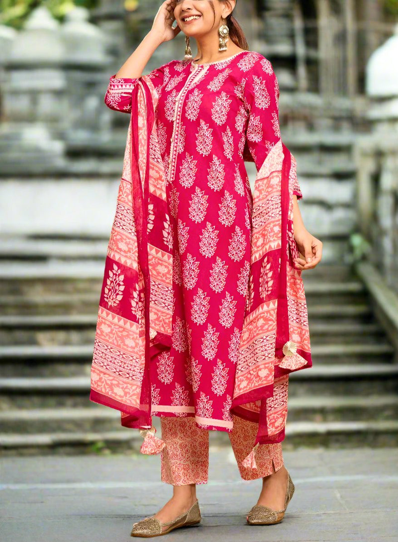 Pink Mughal Motif Kurti With Pant And Dupatta Set .Pure Versatile Cotton. | Laces and Frills - Laces and Frills