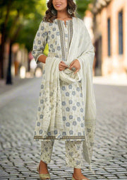 Off White/Grey Floral Kurti With Pant And Dupatta Set  .Pure Versatile Cotton. | Laces and Frills - Laces and Frills