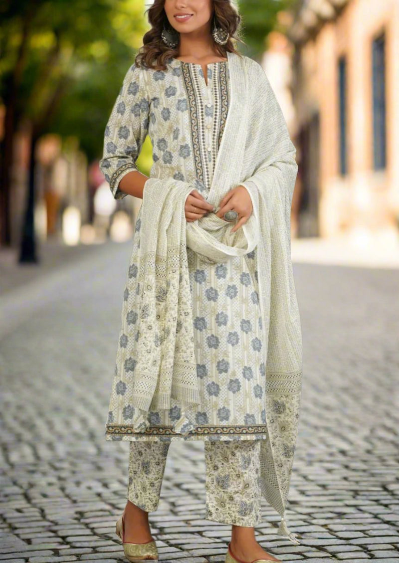 Off White/Grey Floral Kurti With Pant And Dupatta Set  .Pure Versatile Cotton. | Laces and Frills - Laces and Frills