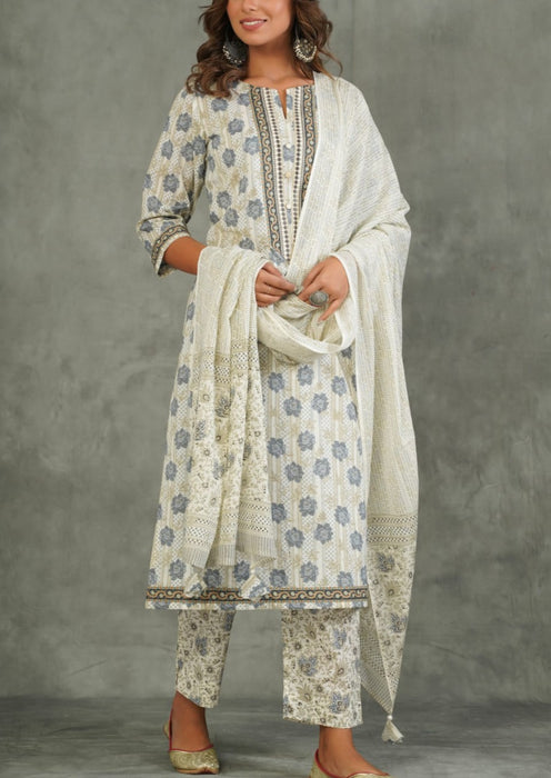 Off White/Grey Floral Kurti With Pant And Dupatta Set  .Pure Versatile Cotton. | Laces and Frills - Laces and Frills
