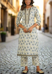 Off White/Grey Floral Kurti With Pant And Dupatta Set  .Pure Versatile Cotton. | Laces and Frills - Laces and Frills