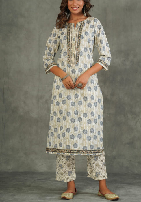 Off White/Grey Floral Kurti With Pant And Dupatta Set  .Pure Versatile Cotton. | Laces and Frills - Laces and Frills