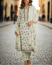 Off White/Grey Floral Kurti With Pant And Dupatta Set  .Pure Versatile Cotton. | Laces and Frills - Laces and Frills