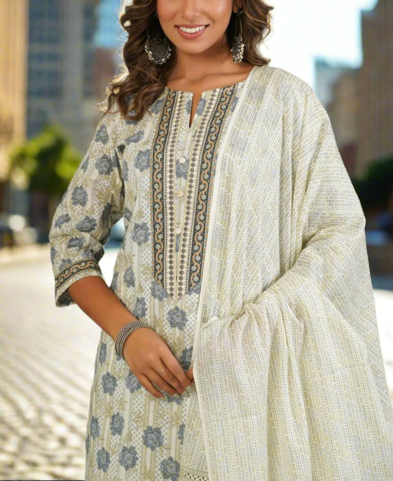 Off White/Grey Floral Kurti With Pant And Dupatta Set  .Pure Versatile Cotton. | Laces and Frills - Laces and Frills