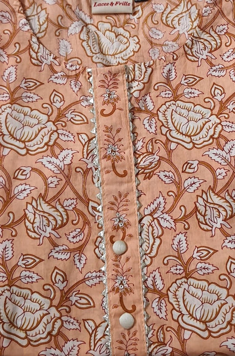 Peach Floral Jaipuri Cotton Kurti. Pure Versatile Cotton. | Laces and Frills - Laces and Frills