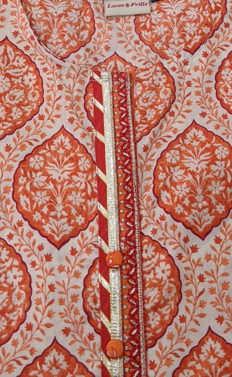 Orange Motif Jaipuri Cotton Kurti. Pure Versatile Cotton. | Laces and Frills - Laces and Frills