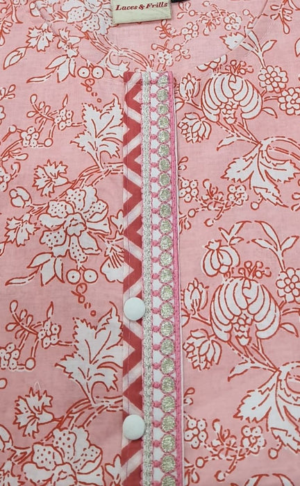 Peach Pink Garden Jaipuri Cotton Kurti. Pure Versatile Cotton. | Laces and Frills - Laces and Frills